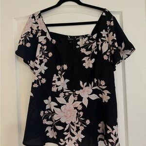 Torrid Black and Pink Asymmetrical Ruffled Blouse